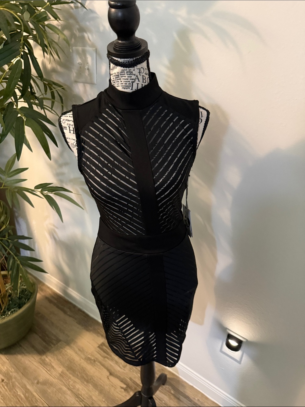 iris Black Sleeveless Sheer-Striped Bodycon Mini Dress